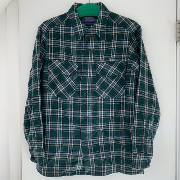 Vtg 60s Pendleton Board Shirt Sz Small Green Plaid Wool Loop Collar Flap Pocket - Picture 12 of 12